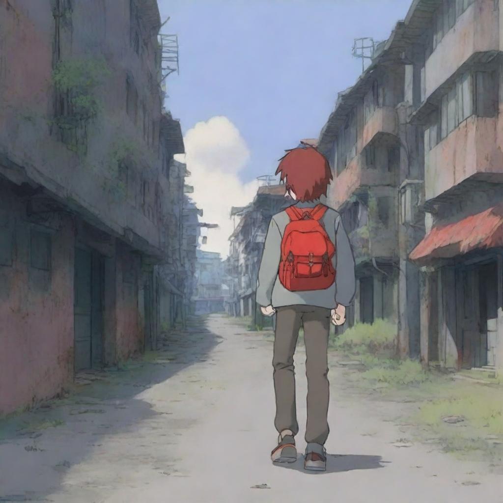 A 17-year-old boy with dark red hair, seen from the back, wearing a gray jacket and a red backpack