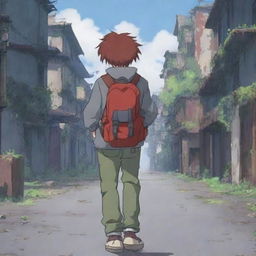 A 17-year-old boy with dark red hair, seen from the back, wearing a gray jacket and a red backpack