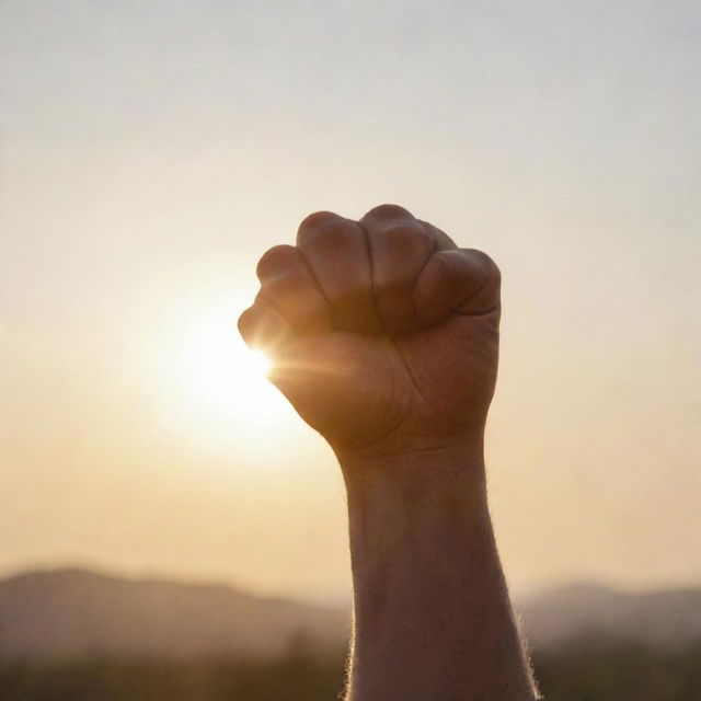 A strong clenched fist raised up in determination against a backdrop of a rising sun, symbolizing strength and resistance.