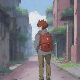 A 17-year-old boy with dark red hair, seen from the back, wearing a gray jacket and a red backpack