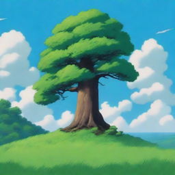 A single tree standing majestically on top of a hill, depicted in a realistic anime style