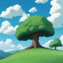 A single tree standing majestically on top of a hill, depicted in a realistic anime style