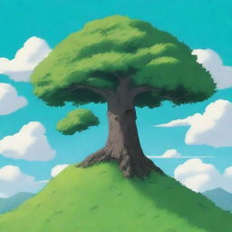 A single tree standing majestically on top of a hill, depicted in a realistic anime style