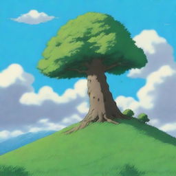 A single tree standing majestically on top of a hill, depicted in a realistic anime style