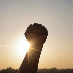 A strong clenched fist raised up in determination against a backdrop of a rising sun, symbolizing strength and resistance.