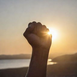 A strong clenched fist raised up in determination against a backdrop of a rising sun, symbolizing strength and resistance.