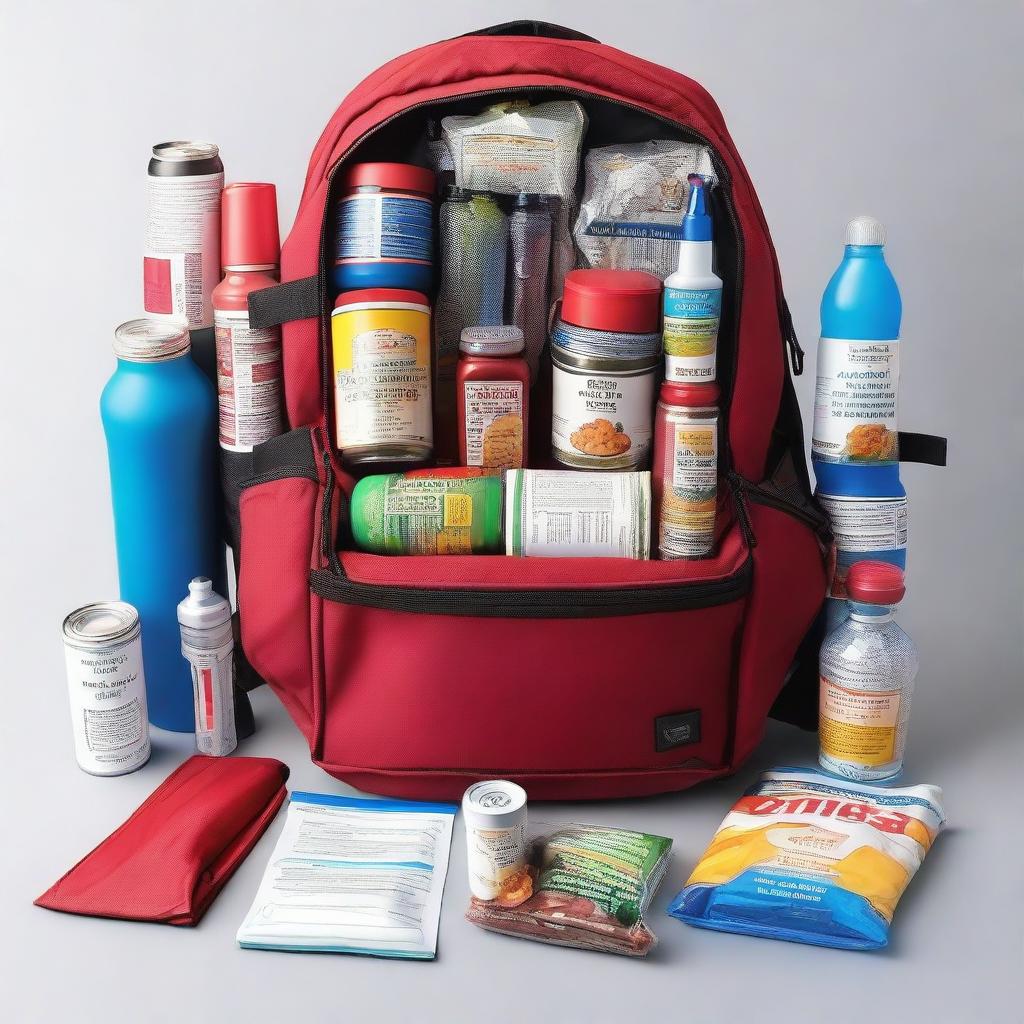 First person view of a red medium backpack filled with food, water, and survival gear