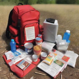 First person view of a red medium backpack filled with food, water, and survival gear