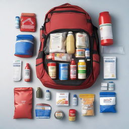 First person view of a red medium backpack filled with food, water, and survival gear