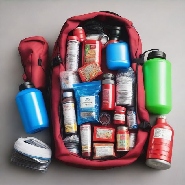 First person view of a red medium backpack filled with food, water, and survival gear