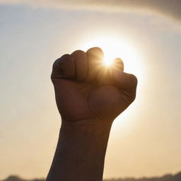 A strong clenched fist raised up in determination against a backdrop of a rising sun, symbolizing strength and resistance.