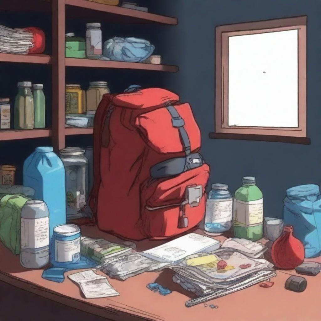 First person view of a red medium backpack filled with food, water, and survival gear