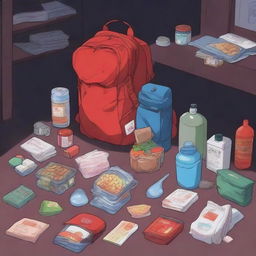 First person view of a red medium backpack filled with food, water, and survival gear