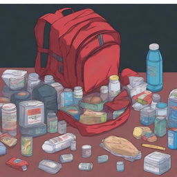 First person view of a red medium backpack filled with food, water, and survival gear