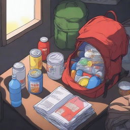 First person view of a red medium backpack filled with food, water, and survival gear