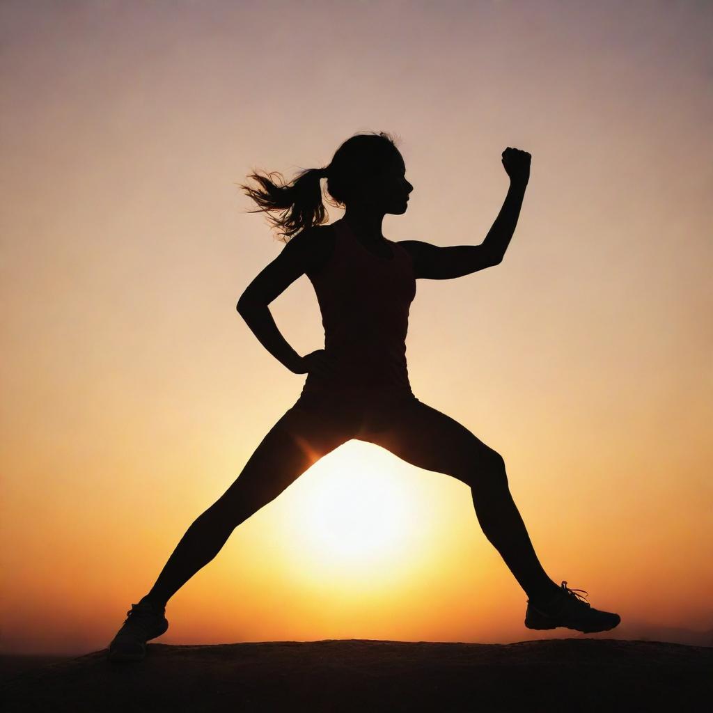 An athletic person's silhouette exhibiting a powerful pose, enveloped by a radiant glow of energy against the backdrop of a motivating sunrise.