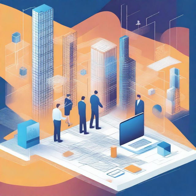 An illustration depicting the digital transformation in the construction of functional departments, portraying a blueprint towards a modern bureaucracy