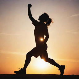 An athletic person's silhouette exhibiting a powerful pose, enveloped by a radiant glow of energy against the backdrop of a motivating sunrise.