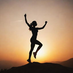 An athletic person's silhouette exhibiting a powerful pose, enveloped by a radiant glow of energy against the backdrop of a motivating sunrise.