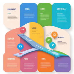 A detailed and colorful roadmap showing different stages of a project, with milestones, goals, and timelines