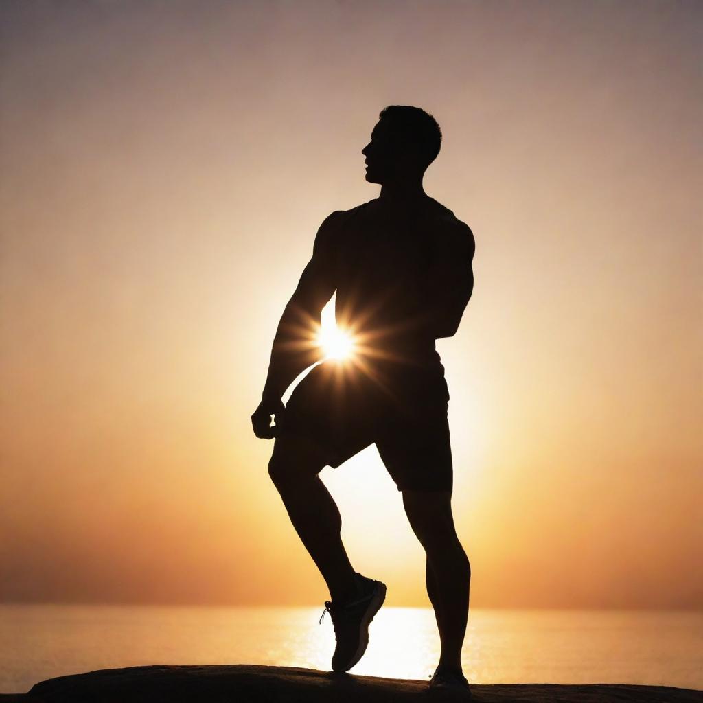 An athletic person's silhouette exhibiting a powerful pose, enveloped by a radiant glow of energy against the backdrop of a motivating sunrise.