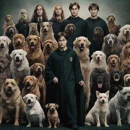 Harry Potter-themed universe, with dog versions of the characters. Voldemort, intimidating yet portraying dog-like features, stands in the center.