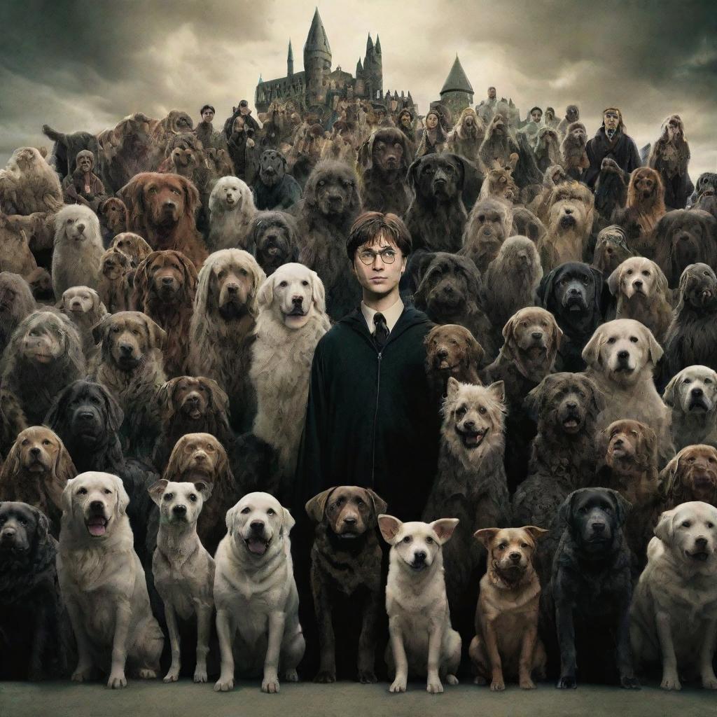 Harry Potter-themed universe, with dog versions of the characters. Voldemort, intimidating yet portraying dog-like features, stands in the center.