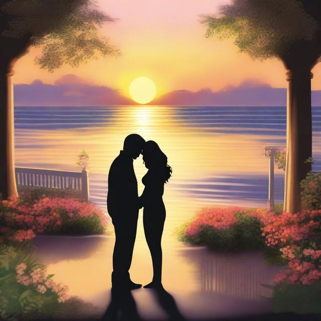 A romantic scene featuring a couple in a beautiful setting