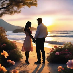 A romantic scene featuring a couple in a beautiful setting