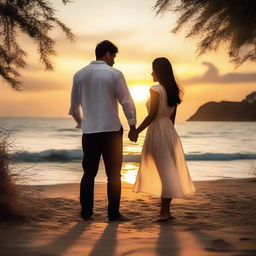 A romantic scene featuring a couple in a beautiful setting