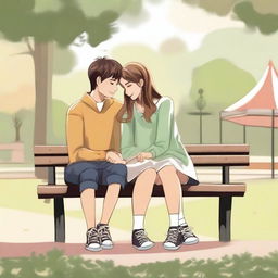 A romantic scene featuring two teenagers in a charming setting