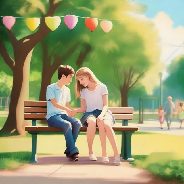 A romantic scene featuring two teenagers in a charming setting