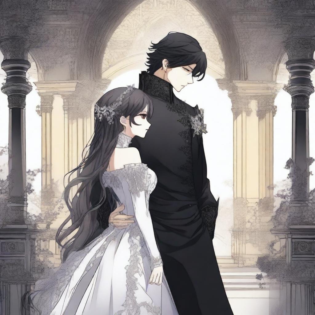 A dark romance scene from a manhwa, featuring a dark prince and his love interest in a shadowy, gothic castle setting with intricate background details