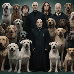 Harry Potter-themed universe, with dog versions of the characters. Voldemort, intimidating yet portraying dog-like features, stands in the center.