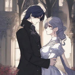 A dark romance scene from a manhwa, featuring a dark prince and his love interest in a shadowy, gothic castle setting with intricate background details