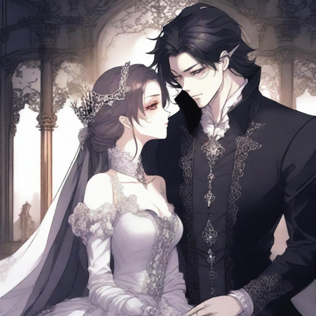 A dark romance scene from a manhwa, featuring a dark prince and his love interest in a shadowy, gothic castle setting with intricate background details