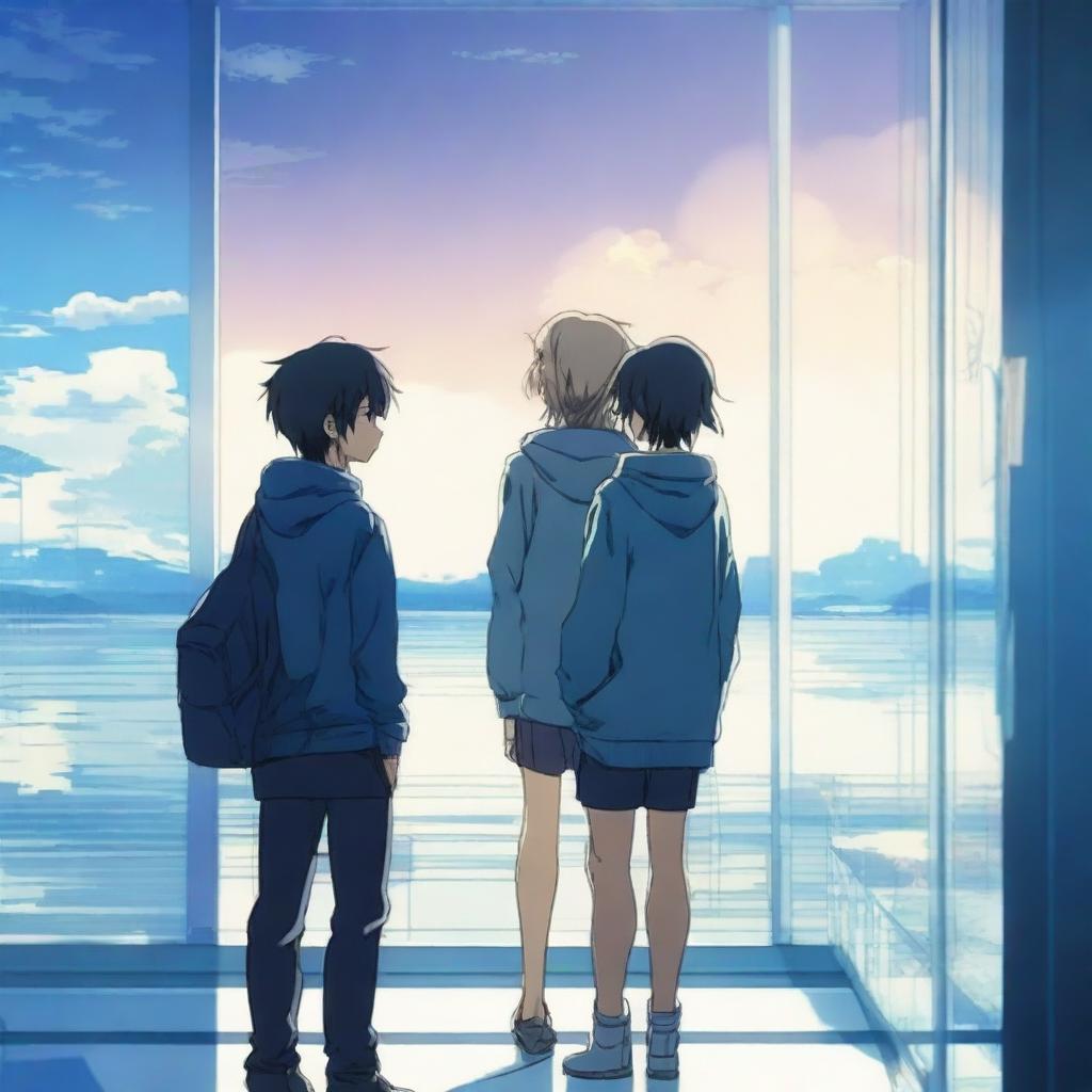 A romantic anime scene featuring two teenagers standing apart, separated by a glass pane