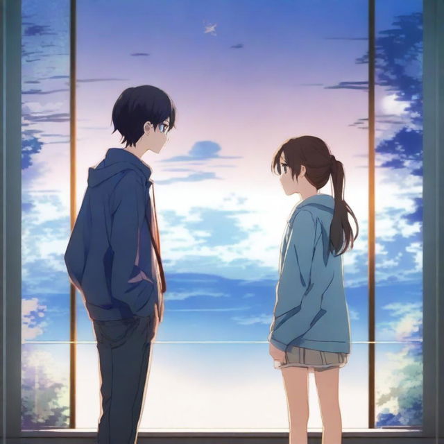 A romantic anime scene featuring two teenagers standing apart, separated by a glass pane