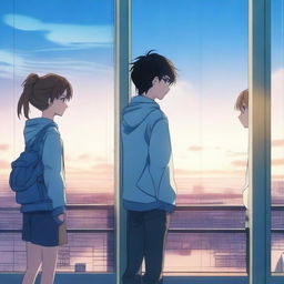 A romantic anime scene featuring two teenagers standing apart, separated by a glass pane