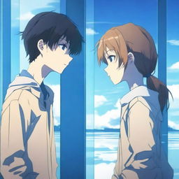 A romantic anime scene featuring two teenagers standing apart, separated by a glass pane