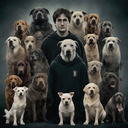 Harry Potter-themed universe, with dog versions of the characters. Voldemort, intimidating yet portraying dog-like features, stands in the center.