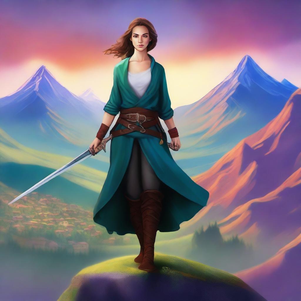 Create a book cover featuring a woman with a sword standing on a mountain overlooking a town