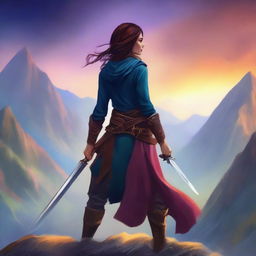 Create a book cover featuring a woman with a sword standing on a mountain overlooking a town