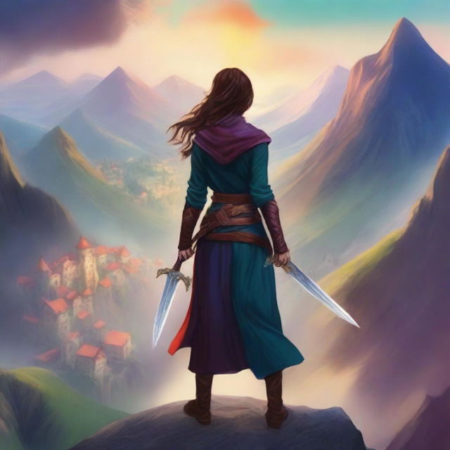 Create a book cover featuring a woman with a sword standing on a mountain overlooking a town