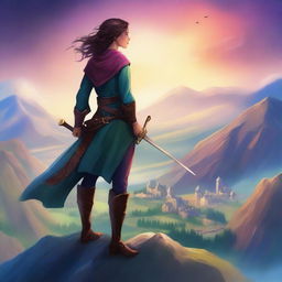 Create a book cover featuring a woman with a sword standing on a mountain overlooking a town