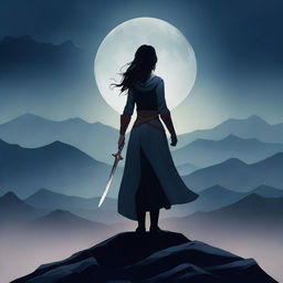 Create a book cover featuring a woman with a sword standing on a dark mountain, overlooking a town