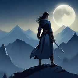 Create a book cover featuring a woman with a sword standing on a dark mountain, overlooking a town