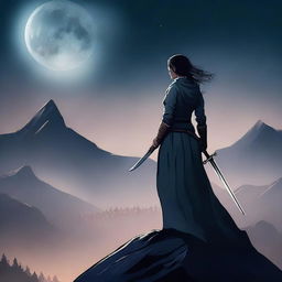 Create a book cover featuring a woman with a sword standing on a dark mountain, overlooking a town