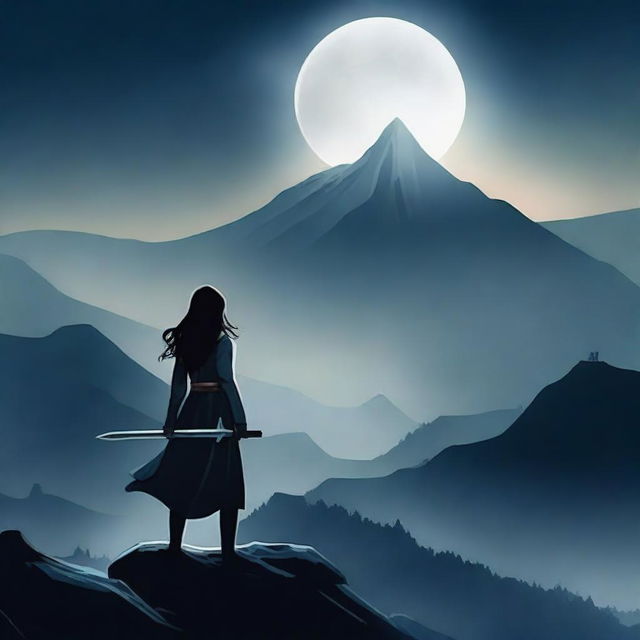 Create a book cover featuring a woman with a sword standing on a dark mountain, overlooking a town