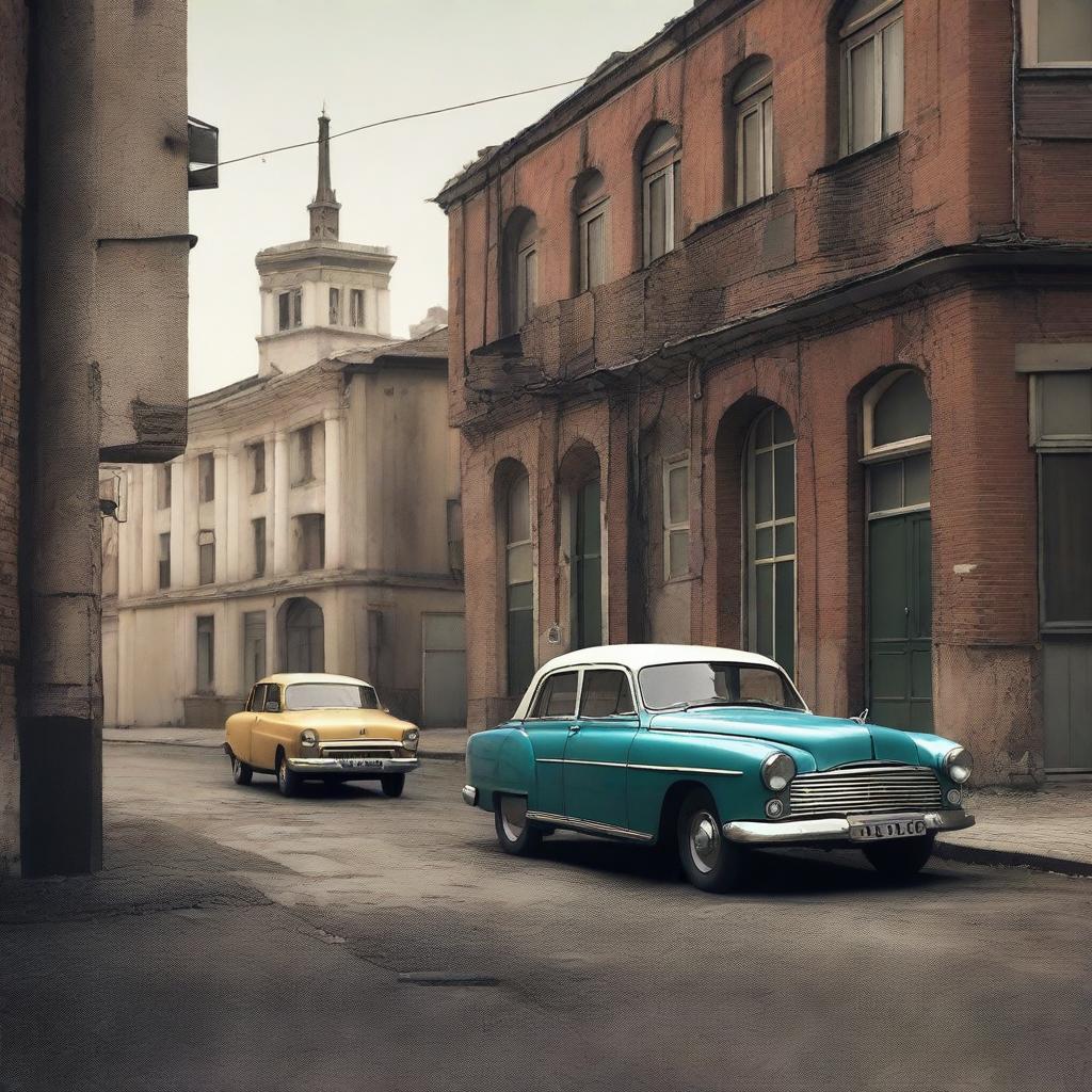 A cinema garage scene set on July 27, 2024, featuring a classic GAZ-21 car